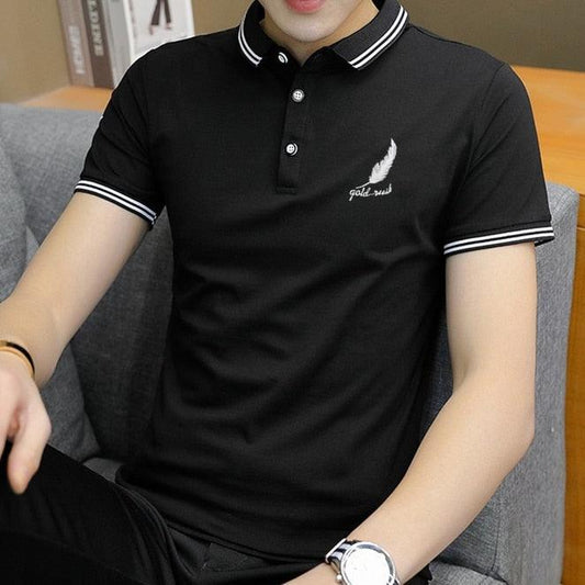 Black short sleeve polo shirt with white feather and text embroidery, casual men's fashion