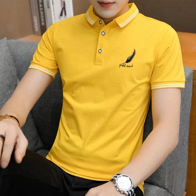 Yellow short sleeve polo shirt with feather embroidery design, casual men's fashion top