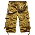 Men's khaki cargo shorts with multiple pockets and a beige belt, casual outdoor style