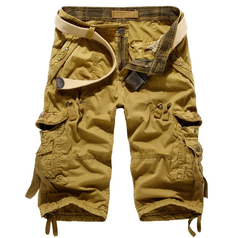 Men's khaki cargo shorts with multiple pockets and a beige belt, casual outdoor style