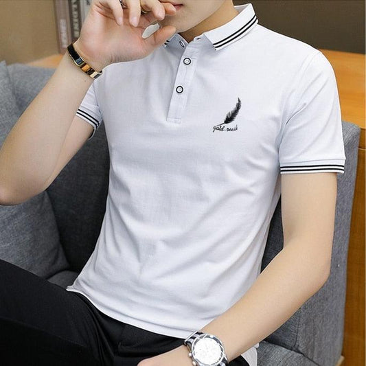 White short-sleeve polo shirt with black feather embroidery and striped collar