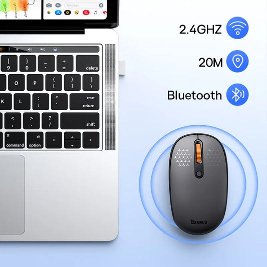 Baseus F01B Wireless Bluetooth 5.0 Mouse, 1600 DPI, Silent Click, 2.4G USB Receiver, Dual Mode, Compatible with MacBook, Laptop, Tablet and PC