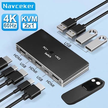 Navceker 2 Port HDMI KVM Switch 4K 60Hz, USB KVM Switch for 2 Computers 1 Monitor, HDMI Video Switcher with Remote Control, Support Keyboard Mouse Printer