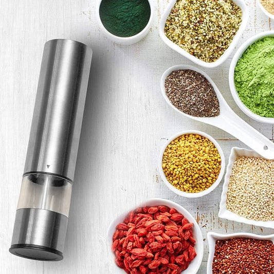 Electric Spice Grinder Stainless Steel – Automatic Pepper & Salt Mill with Adjustable Coarseness for Kitchen & BBQ