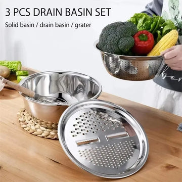 3-in-1 Vegetable Slicer, Cutter & Grater with Drain Basket and Stainless Steel Salad Bowl, Multifunctional Kitchen Food Prep Tool for Fruits & Vegetables