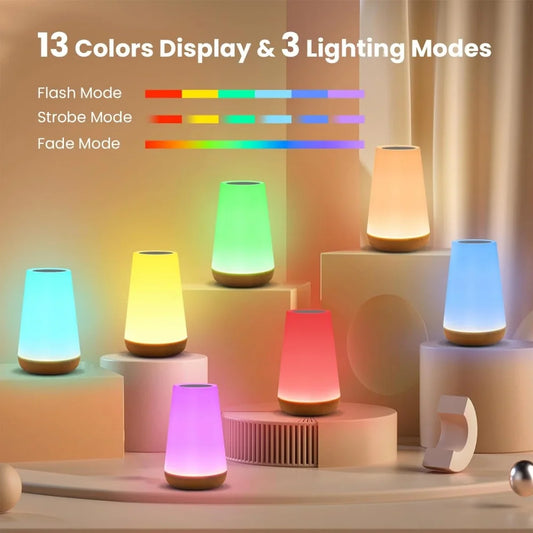 Rechargeable USB Touch Table Lamp, Dimmable Bedside Night Light with 13 RGB Colors, Portable Bedroom Lamp for Kids Baby Nursery, Color Changing Night Lamp