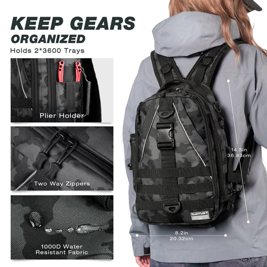 Fishing Backpack Tackle Sling Bag with Rod Holder, Lightweight Tackle Storage Pack with Multiple Compartments, Adjustable Shoulder Strap, Fly Fishing Gear Gift for Men and Women