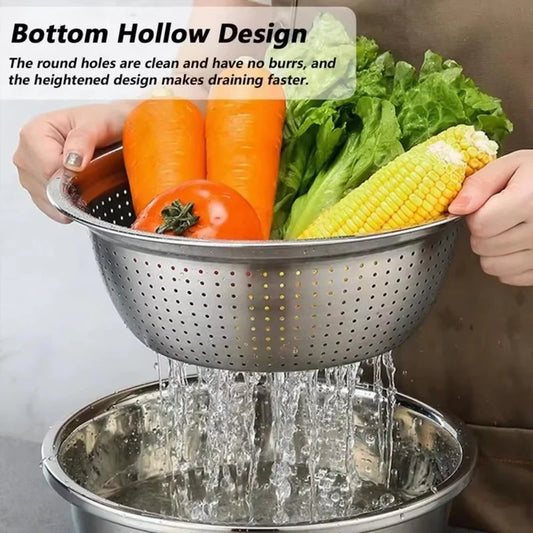 3-in-1 Vegetable Slicer, Cutter & Grater with Drain Basket and Stainless Steel Salad Bowl, Multifunctional Kitchen Food Prep Tool for Fruits & Vegetables
