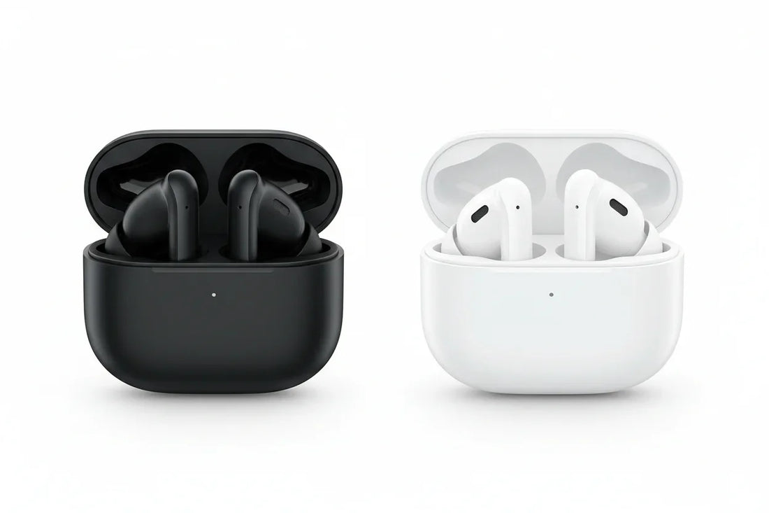 Black and white wireless earbuds with charging cases on a white background