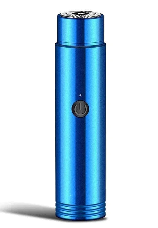 Blue portable rechargeable electric shaver with power button and modern design