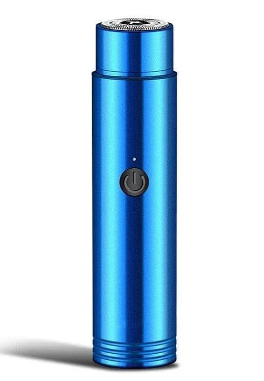 Blue portable rechargeable electric shaver with power button and modern design