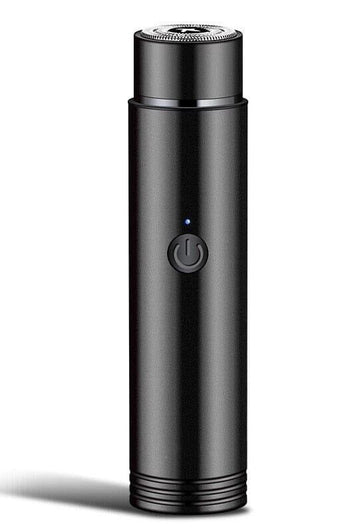 Black portable rechargeable electric shaver with power button and LED indicator