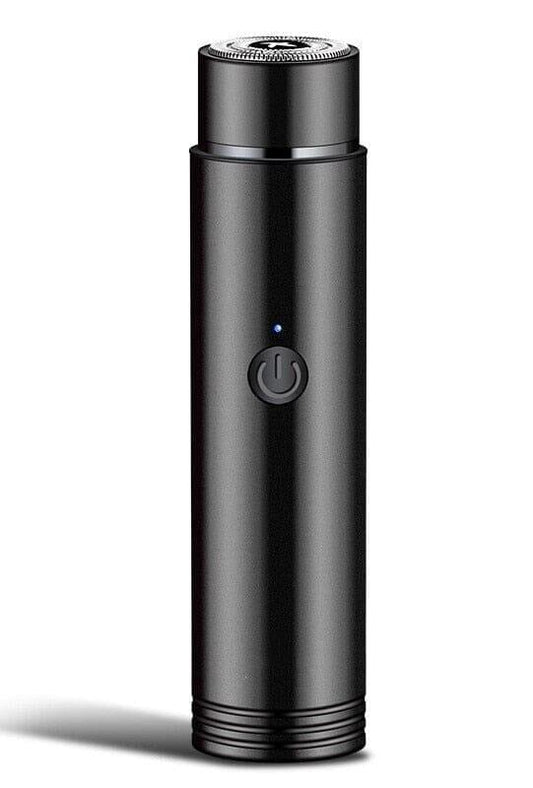 Black portable rechargeable electric shaver with power button and LED indicator