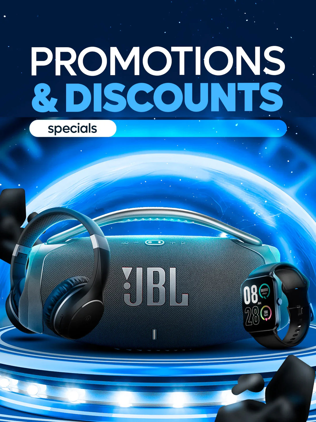 Bluetooth speaker, wireless headphones, and smart watch with text 'Promotions & Discounts'.