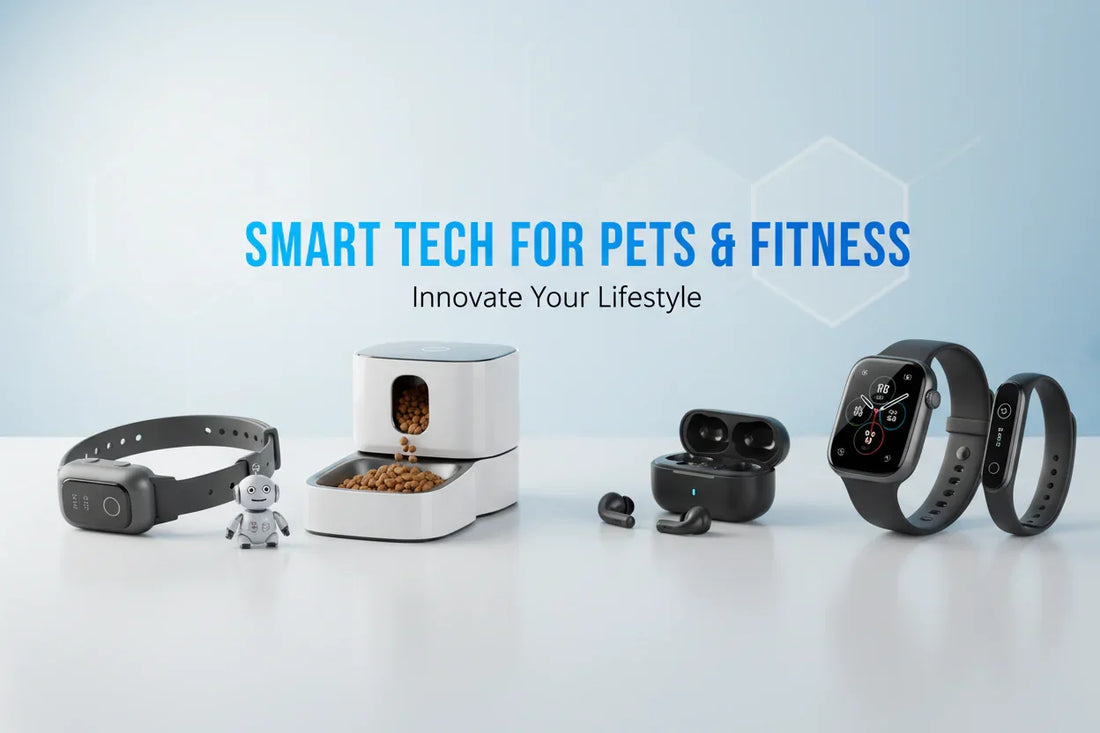 Smart tech for pets and fitness products including pet feeder, smart watch, fitness tracker, earbuds, and pet collar on white background.