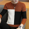 Men's long sleeve colorblock sweater in brown, black, and white, casual fashion outfit