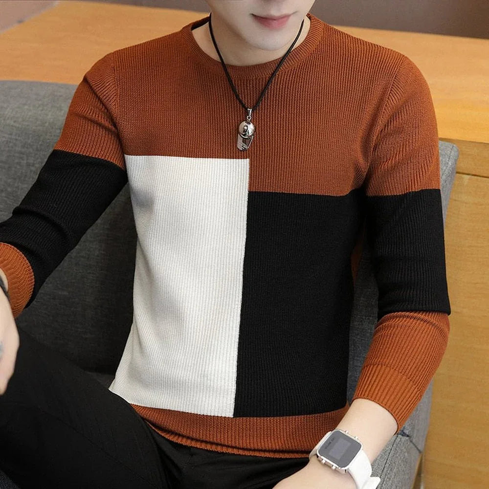Men's long sleeve colorblock sweater in brown, black, and white, casual fashion outfit