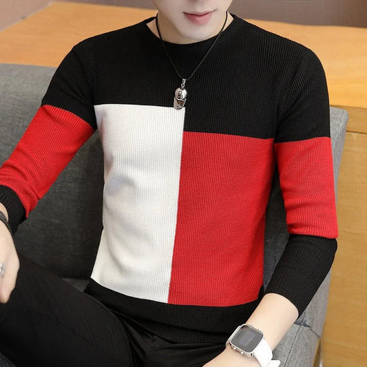 Men's color block sweater with black, red, and white geometric design, long sleeves