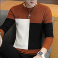 Color block men's sweater in brown, black, and white with round neck and long sleeves